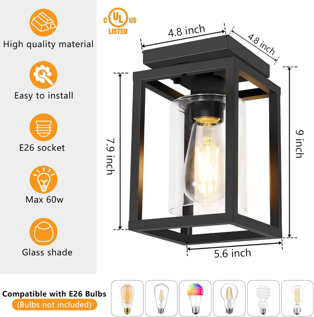 Semi Flush Mount Ceiling Light Fixture, Black Metal Frame Porch Ceiling Light Fixture with Clear Glass Shade and E26