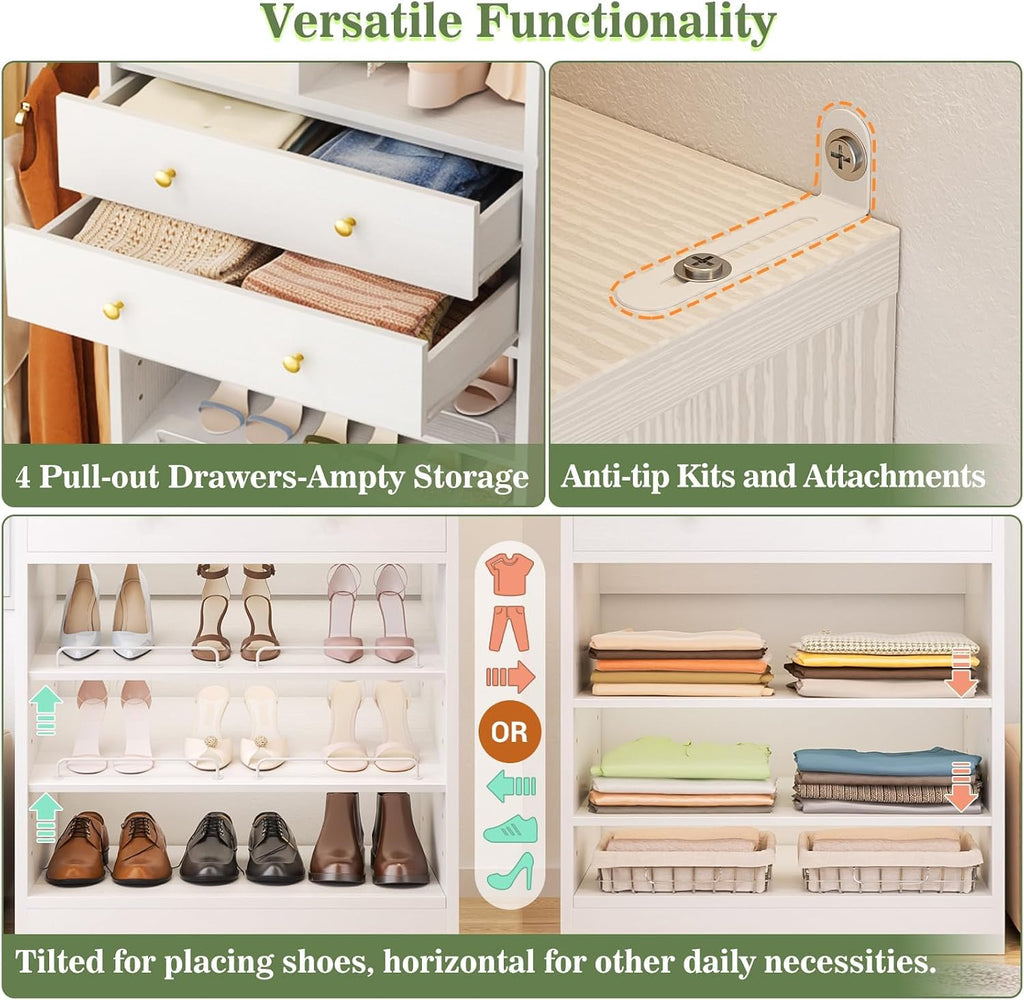 Closet System, Up to 134"/11.2 FT Closet Organizer with 4 Wooden Drawers and Shelves, Walk-in Closet System with 6