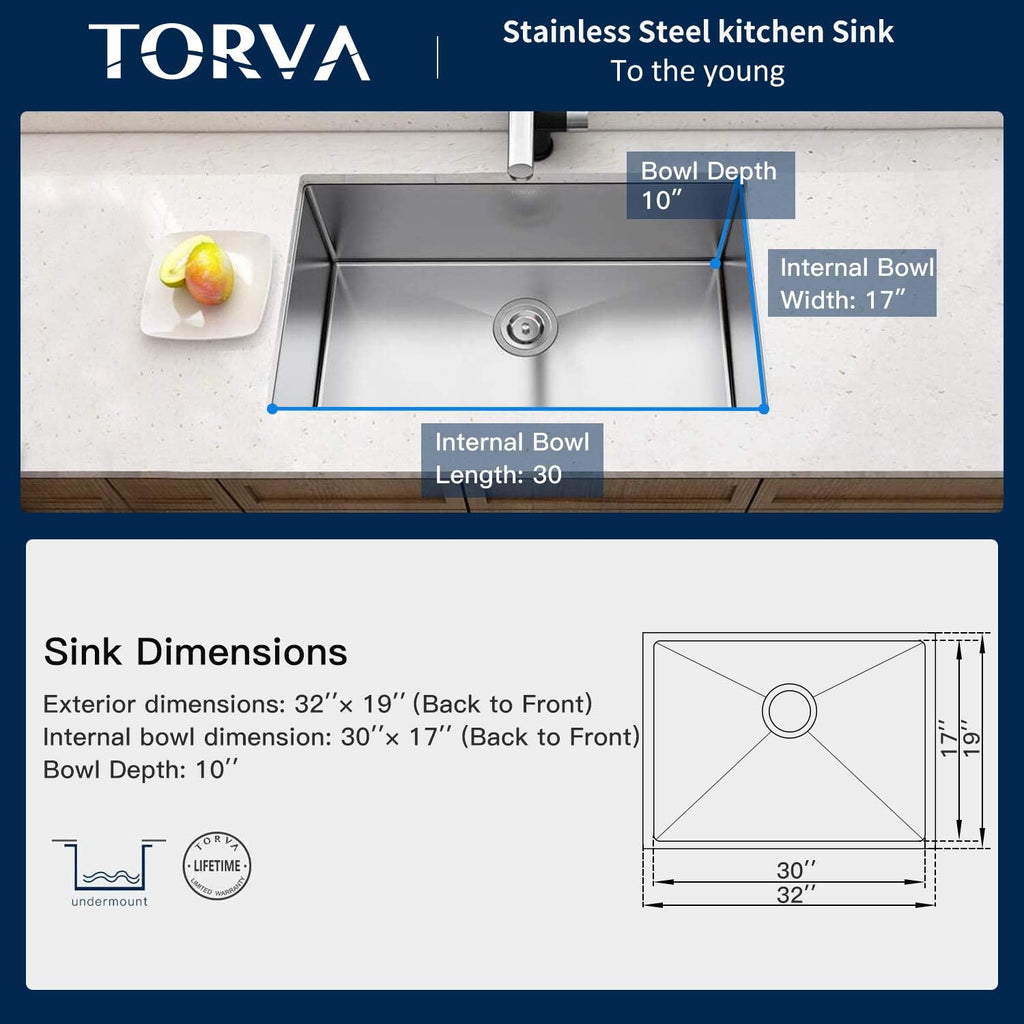 32 x 19 Undermount Kitchen Sink, 16 Gauge 304 Stainless Steel