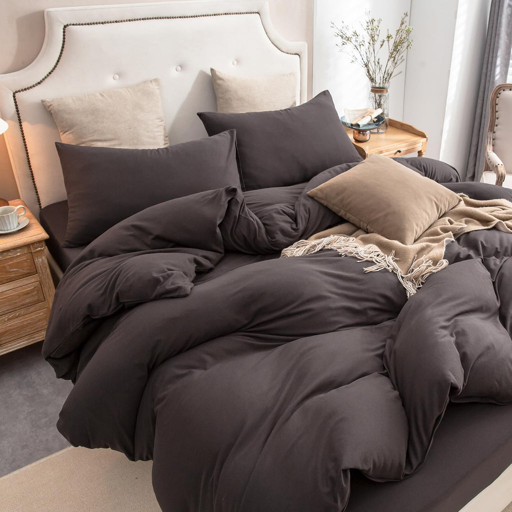 Jersey Knit Duvet Cover Set Solid Dark Brown Queen