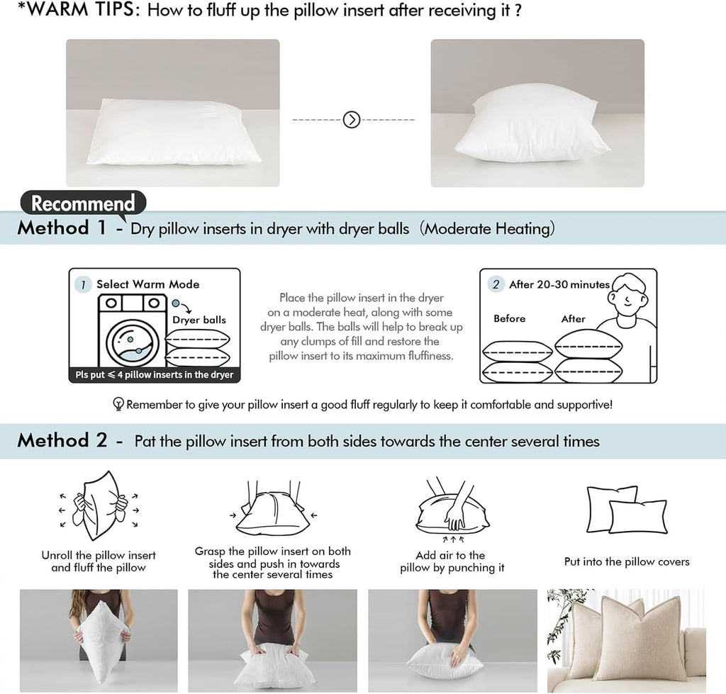 22x22 Pillow Inserts 2 Pack,Feather Mix Polycotton Pillows - Set of 2