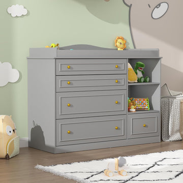 Grey Changing Table Dresser, Baby Nursery Dresser, Baby Diaper Changing Table, 5 Drawers, Adjustable Shelves, Metal