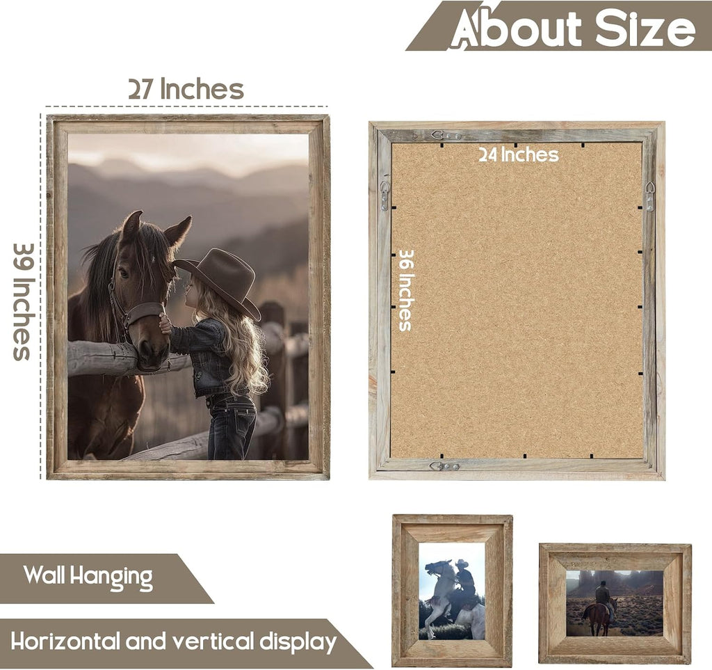 Rustic 24x36 Picture Frame, Reclaimed Barnwood Photo Frame with Plexiglass, Distressed Natural Wood Frame for Wall