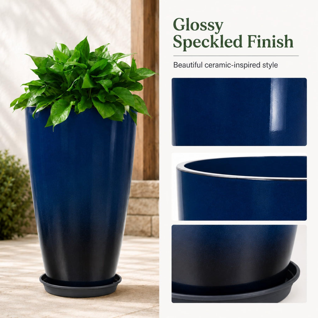 Set of 2 Tall Planter, 21 inch Large Plastic Planter, Dark Blue