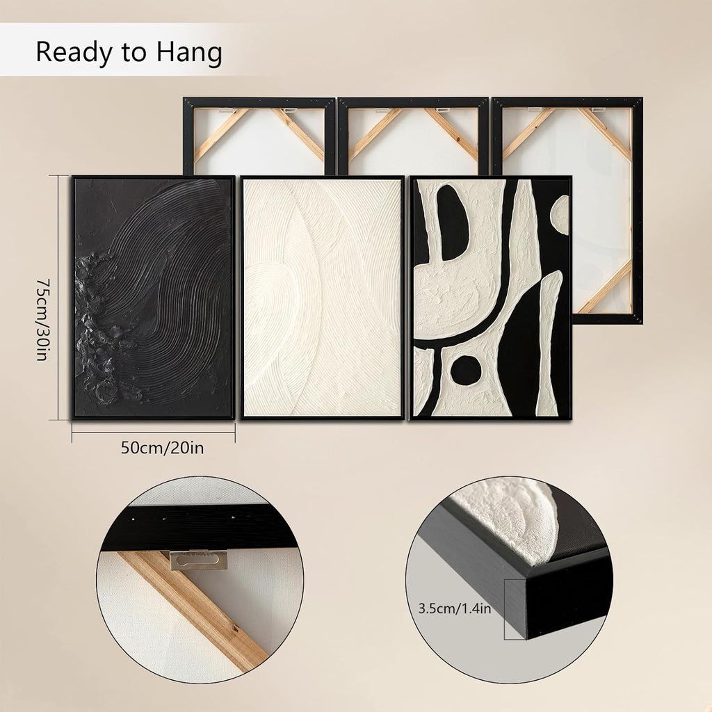 3 piece Black and White Wall Art Set Large Framed Modern Abstract wall decor Canvas Prints Paintings Artwork