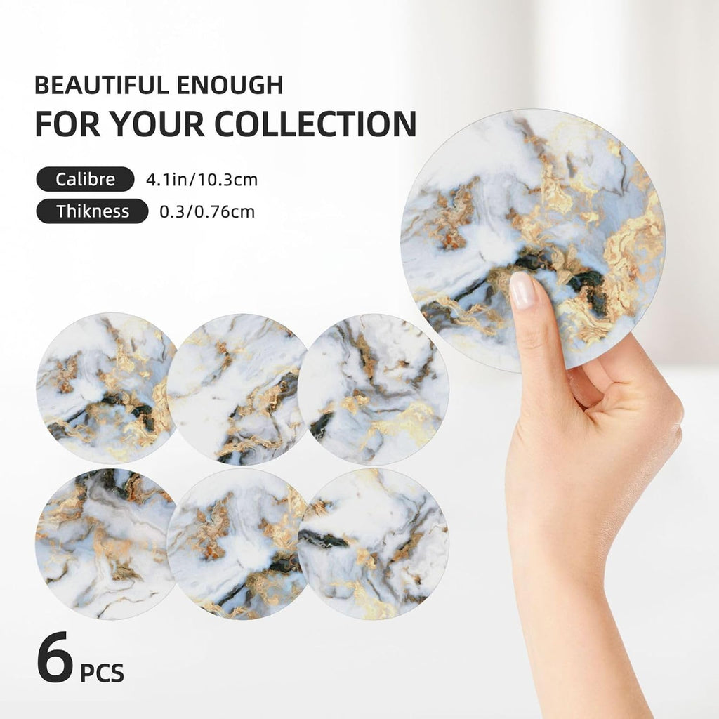 Coasters for Drinks Absorbent with Holder,Abstract White Gold Marble Sets of 6 Durable Cup Coaster for Coffee Table - Set of 6
