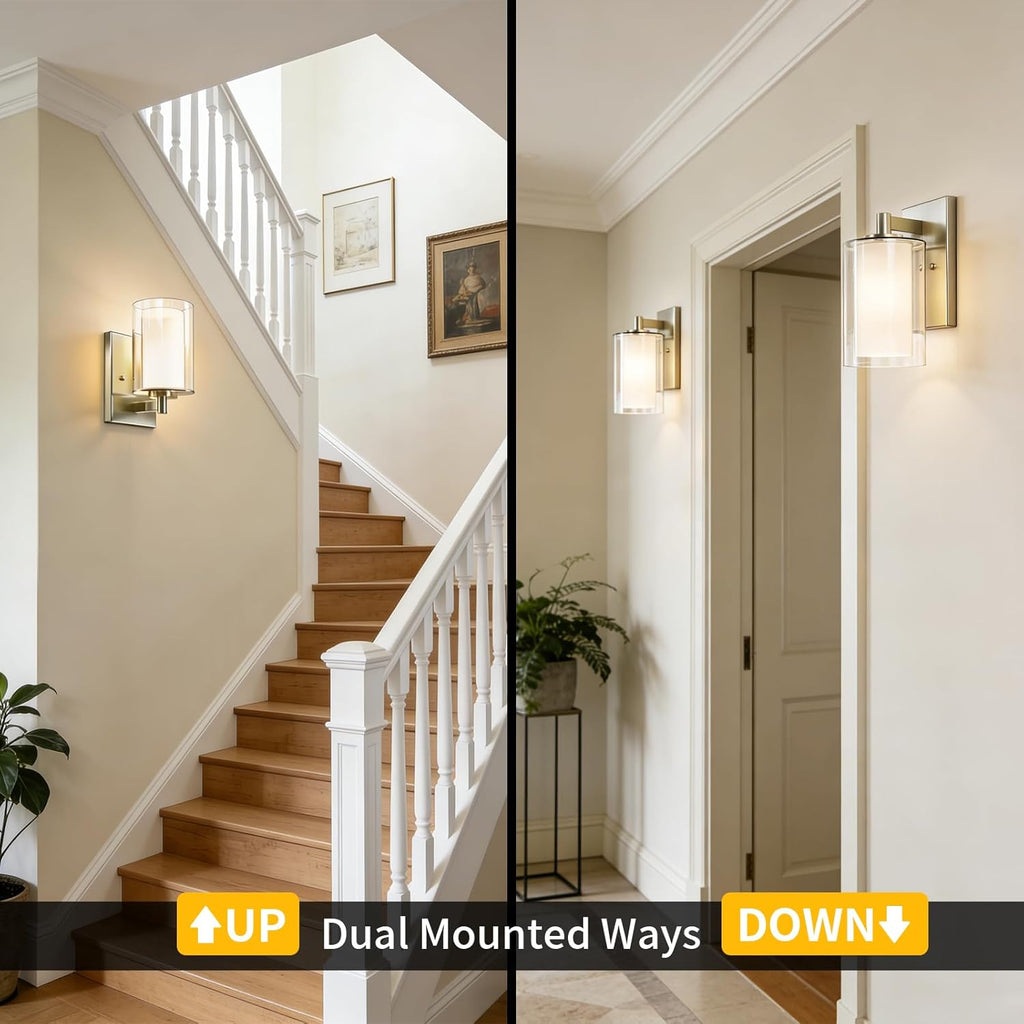 Wall Sconces Set of Two, Modern Brushed Nickel Vanity Wall Lights | Double Clear Glass Shades With E26 Base