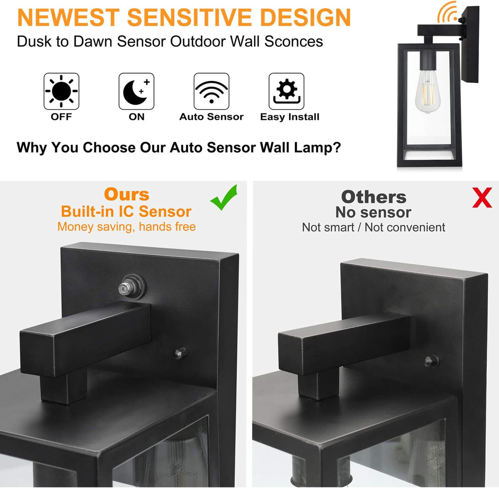 Dusk to Dawn Sensor Outdoor Wall Sconce, Exterior Porch Lantern Fixture with E26 Socket & Glass Shade