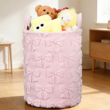 Coquette Pink Bow Laundry Basket 18 x 14 Inch Coquette Storage Basket for Girls Nursery Hamper Foldable Fluffy Plush
