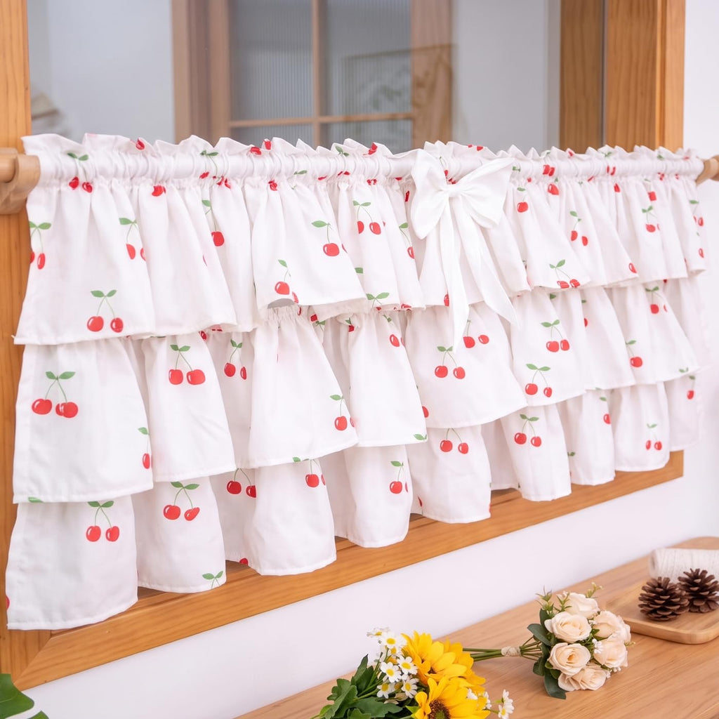 White Ruffled Valance for Small Window Red Cherry Print 52W x 18L 1PC