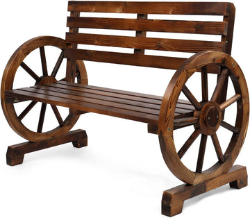 Rustic Wooden Wheel Bench Outdoor Bench, Patio Bench Wagon Slatted Seat, Garden Benches for Outdoors 350lbs High