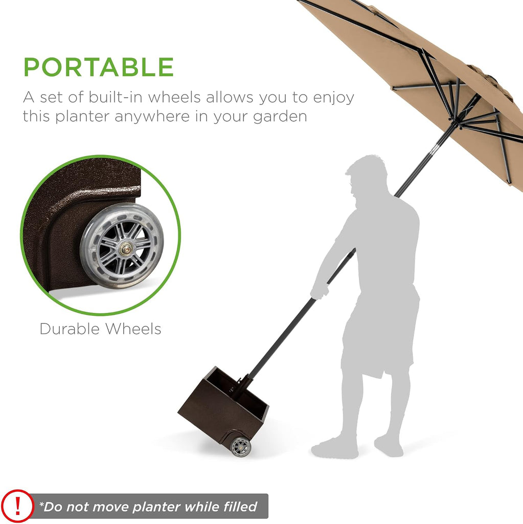 150lb Capacity Portable Steel Umbrella Base Stand w/Fillable Planter, Drainage, 2 Adjustment Knobs, Handle, Wheels