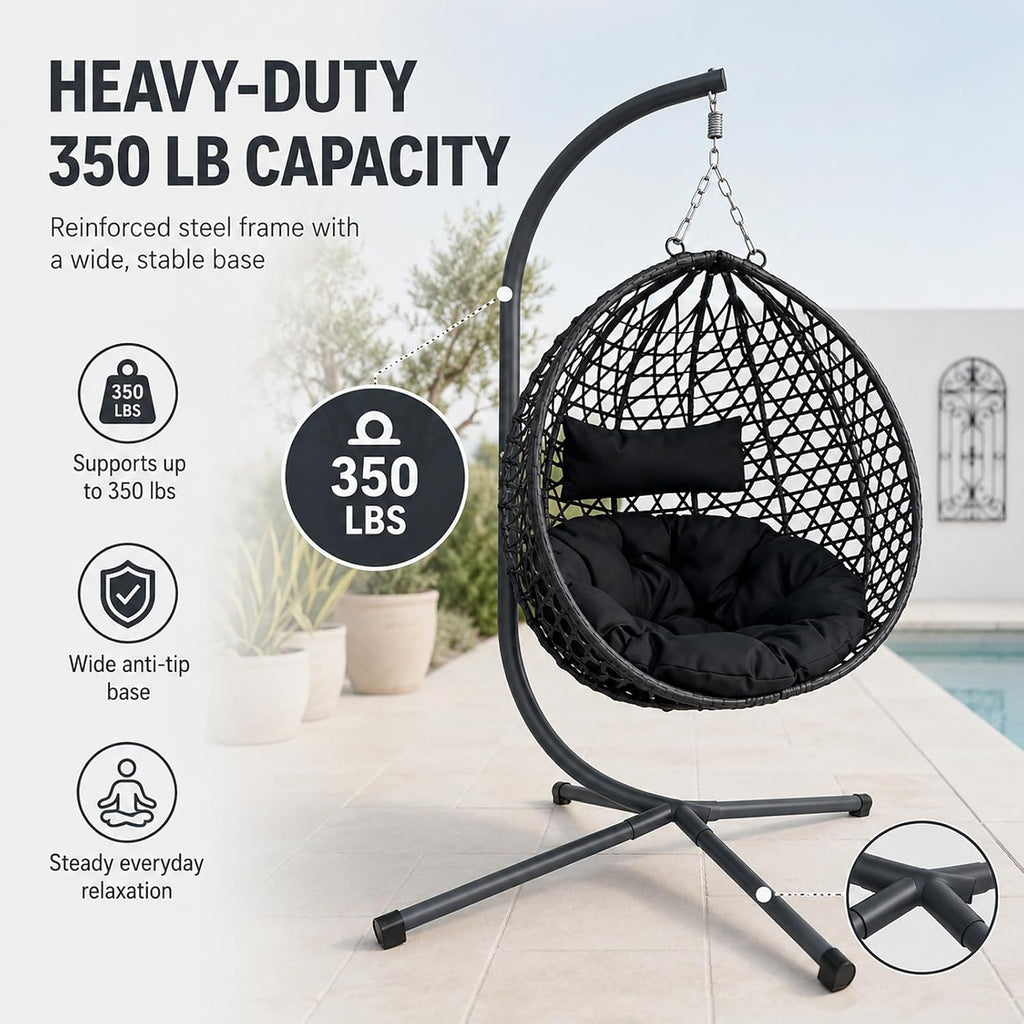 PE Rattan Hanging Egg Chair with Stand, Outdoor Folding Hammock Swing Chair Balcony Backyard Bedroom, Heavy Duty