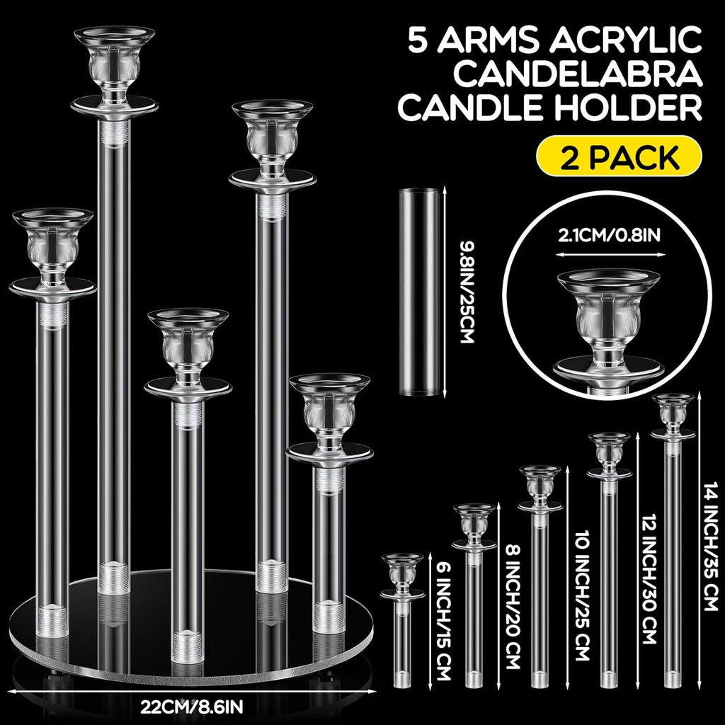 2 Pack 5 Arms Acrylic Candelabra Candle Holder Clear Candelabra Centerpieces, Crystal Candlesticks Pillar Taper
