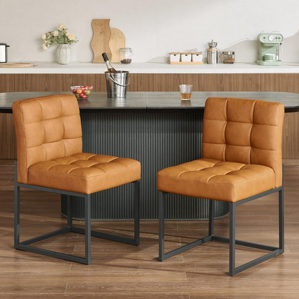 Faux Leather Dining Chairs Set of 2, Mid-Century Modern Armless Dining Room Chairs with Checkered Upholstery and Metal Legs, Brown