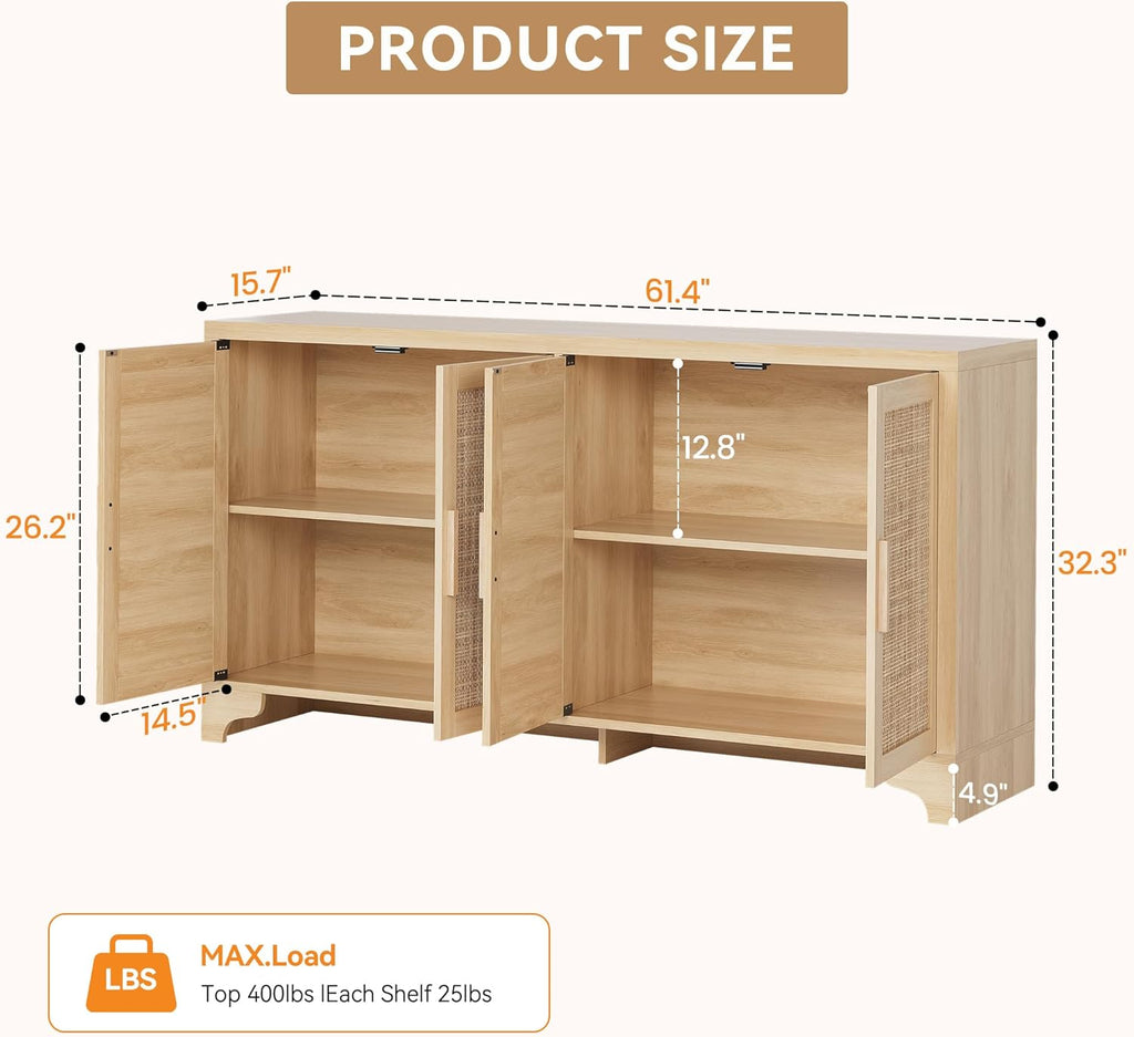 4-Door Sideboard Buffet Cabinet, Natural Rattan Storage Cabinet, Boho Entryway Console Table