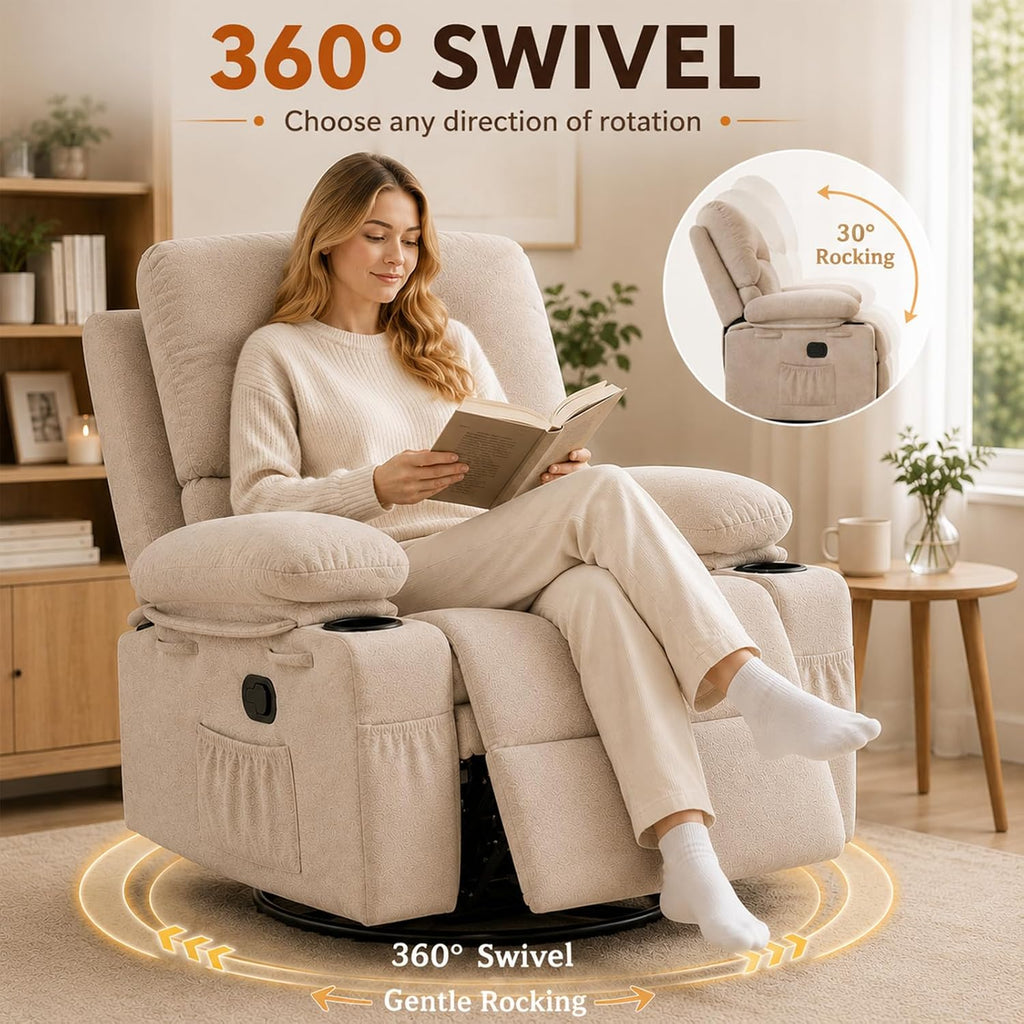 Recliner Chair for Adults, Nursery Glider Recliner with Massage and Heat, 360° Swivel Rocker Recliner, Manual