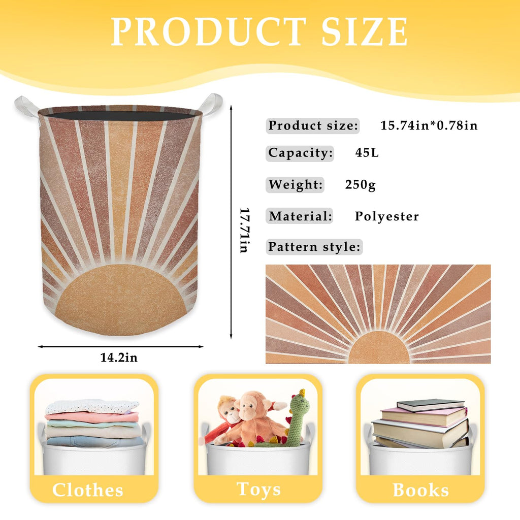 Boho Laundry Basket, Mid Century Modern Boho Neutral Sun Sunshine Waterproof Collapsible Laundry Hamper Dirty Clothes