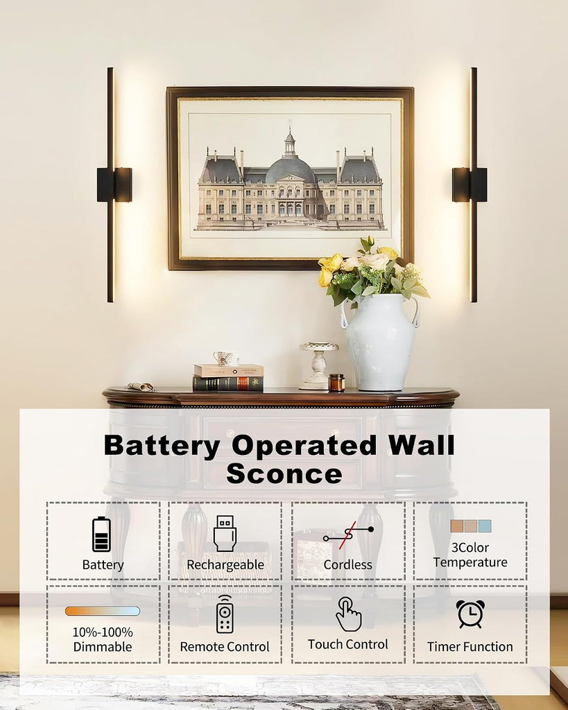 8000mAh Battery Operated Wall Sconce with Remote Control, 3000K-6000K Dimmable Black Wireless Rechargeable Wall