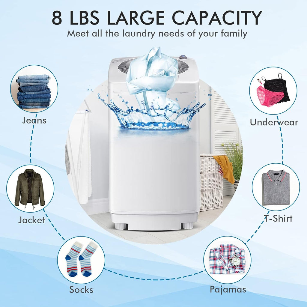 Portable Washing Machine, 8Lbs Capacity Full-automatic Washer with 6 Wash Programs, LED Display, 3 Water Levels