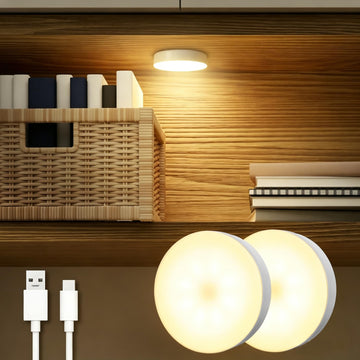Rechargeable Puck Lights 2-Pack, Magnetic Tap Light, Warm Yellow
