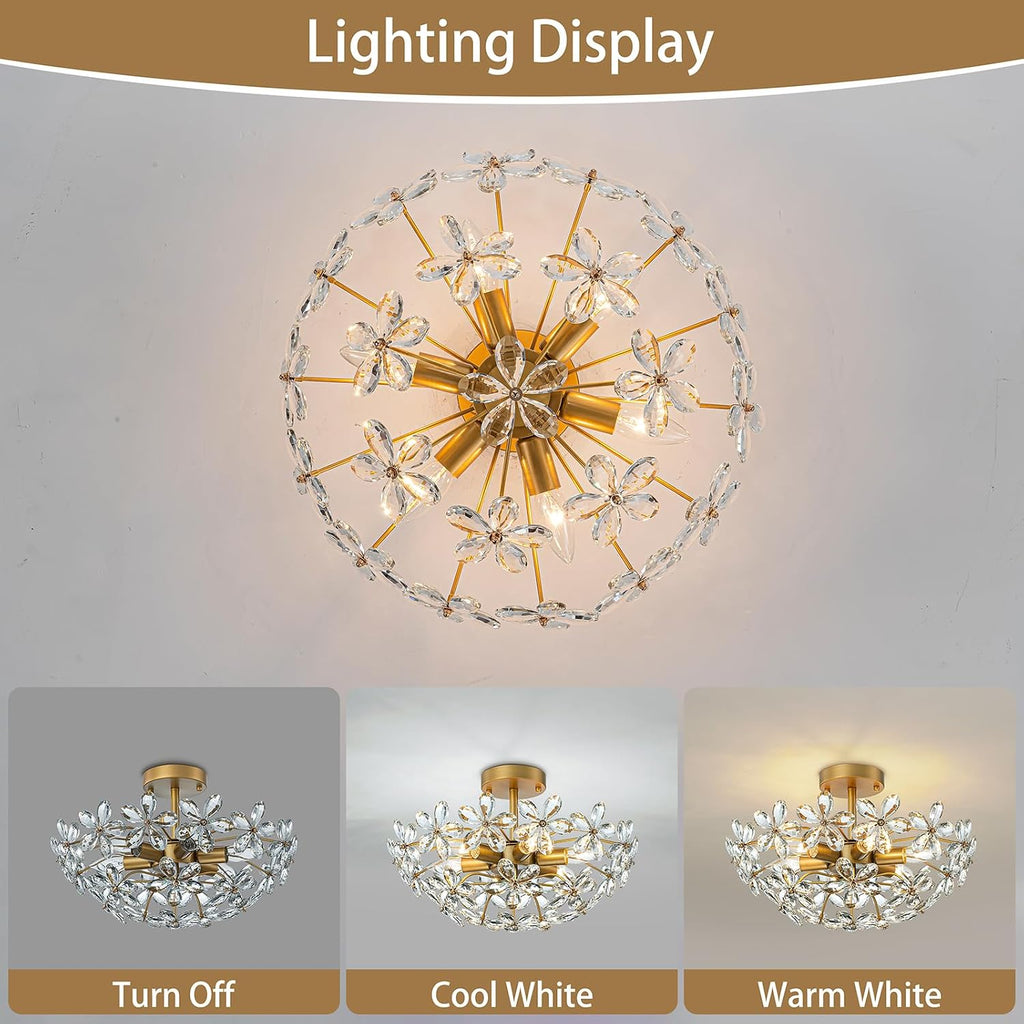 Bedroom Flower Ceiling Light, Brass Gold Flush Mount Chandelier, 17.7 Inch 6-Light Modern Crystal
