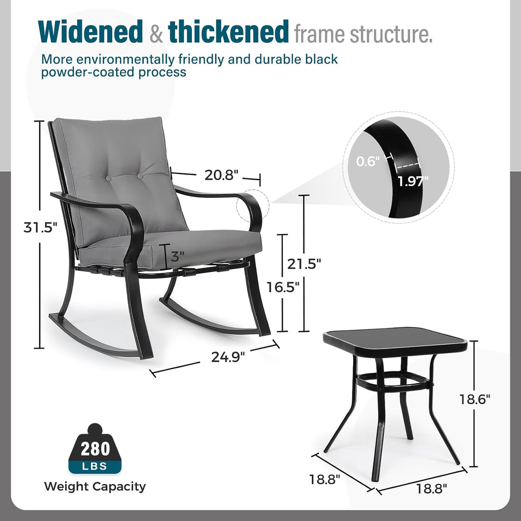 3-Piece Outdoor Rocking Chairs Bistro Set, Black Iron Patio Furniture with Gray Thickened Cushion & Glass-Top Coffee