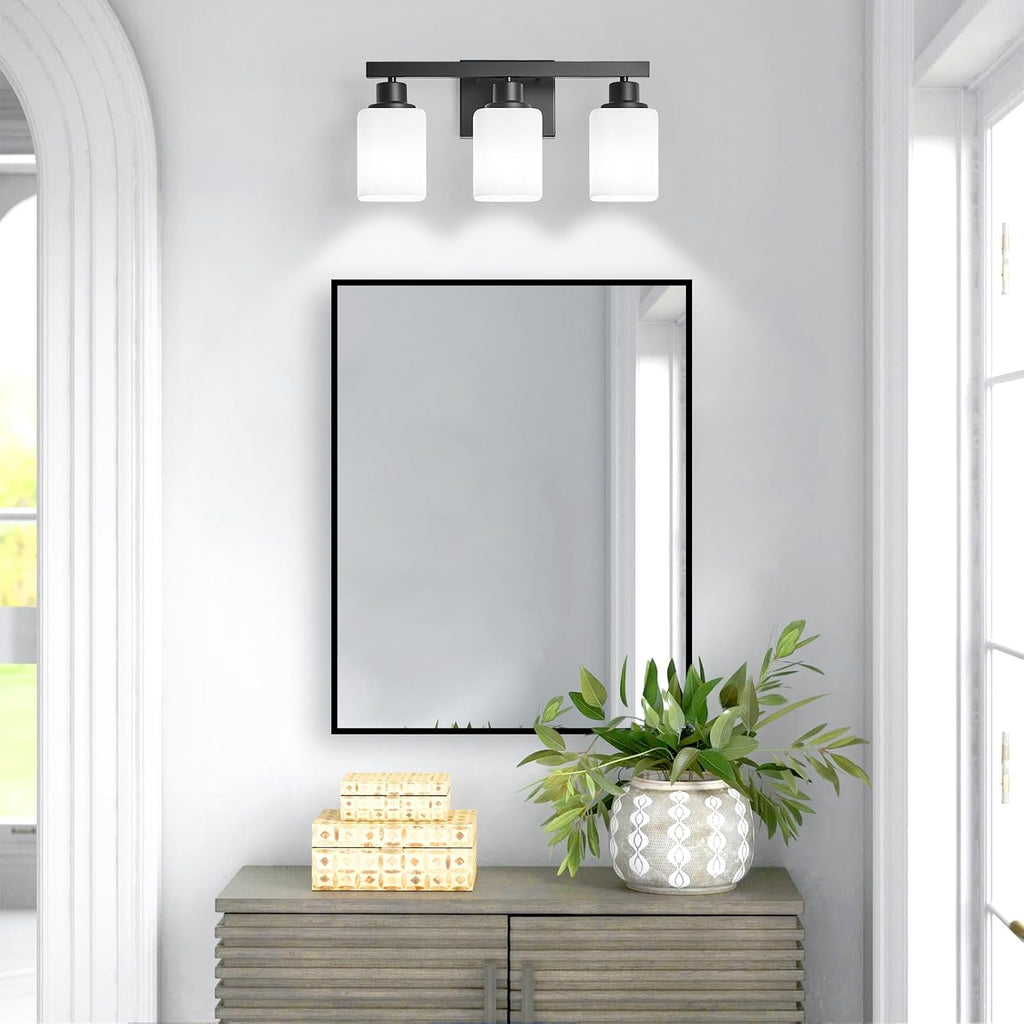 3-Light Bathroom Vanity Light,Modern Matte Black Bathroom Light Fixtures with Square Frosted Glass,Wall Sconces