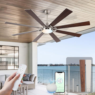 72Inch Large Brushed Nickel Ceiling Fans with Light and Remote Control,8 Wooden Blades,6-Speeed,3CCT