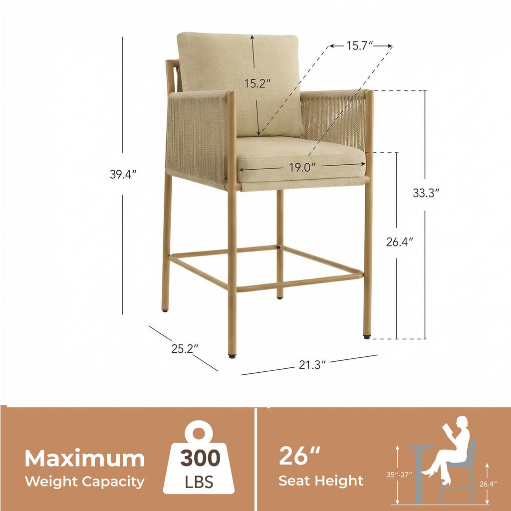 Boho Rope Counter Height Bar Stools Set of 2, Modern Upholstered Bar Stools with Handwoven Rope Armrests, Metal Frame