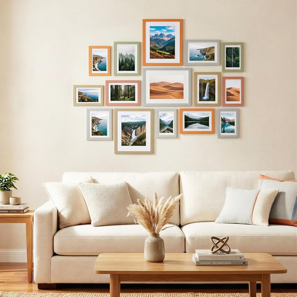Picture Frames Set, 15 Pack, MDF, Soft Earth Tones, 8x10, 5x7, 4x6 | Wall or Tabletop Decor, High-definition