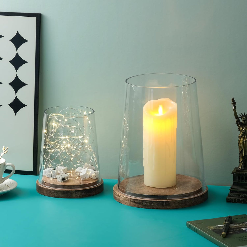 6" Wide Glass Hurricane Candle Holders with Handmade Sturdy Glass Sleeves and Vintage Natural Wood Base for Pillar