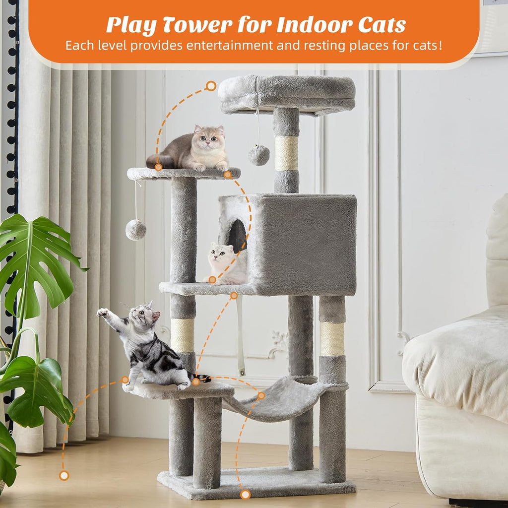 44 Inch Cat Tree Tower, Cat Climbing Tower with Natural Sisal Scratching Posts, Hammock