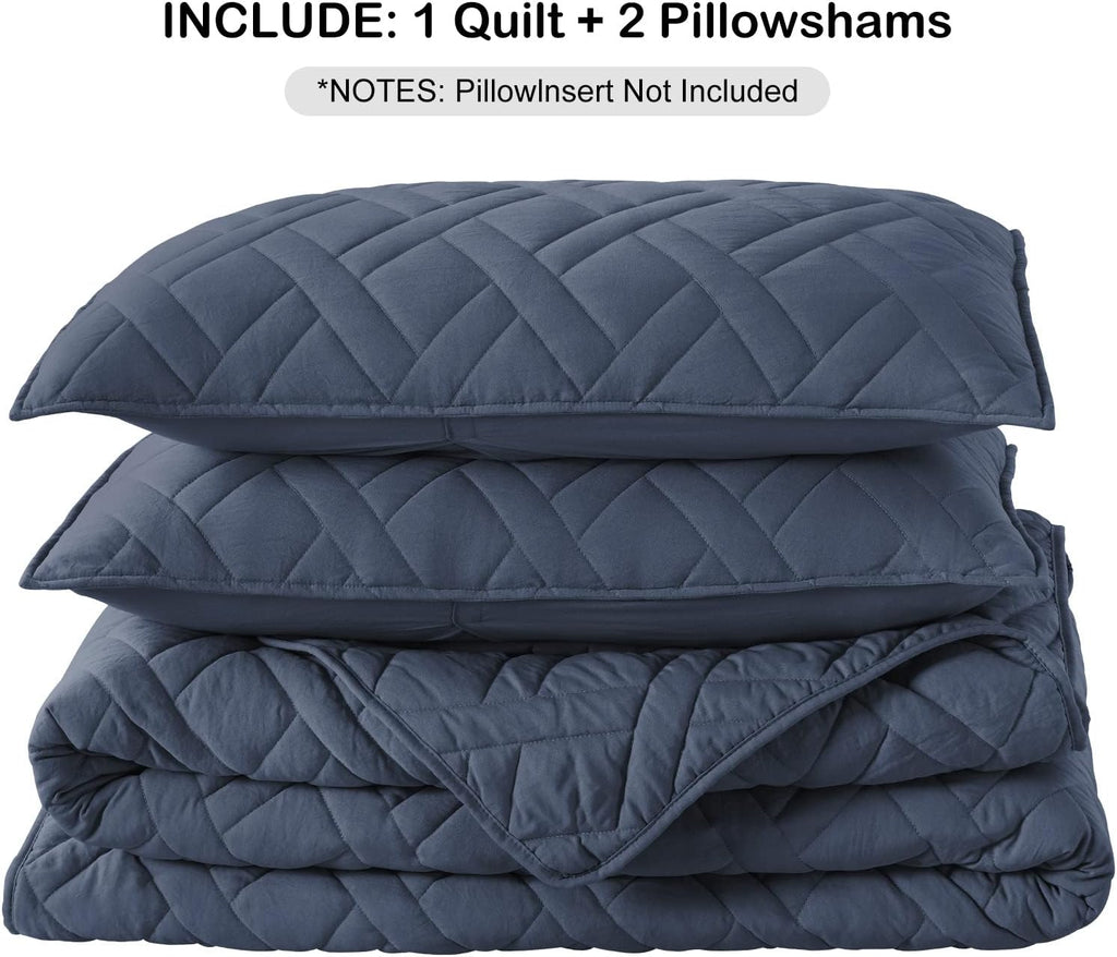 Quilt Set Navy Blue, Classic Geometric Diamond Stitched Pattern, Ultra Soft Microfiber Lightweight Bedding