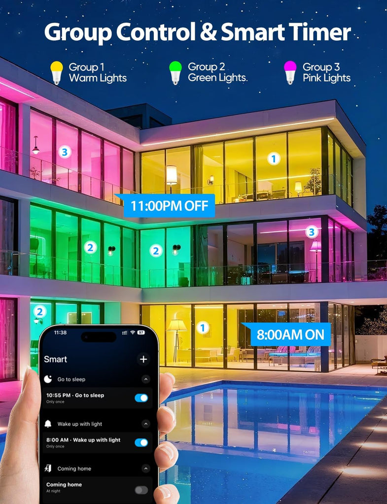 Smart Light Bulbs, Color Changing Light Bulb, Work with Alexa & Google Assistant, RGBWW A19 LED Light Bulbs Dimmable