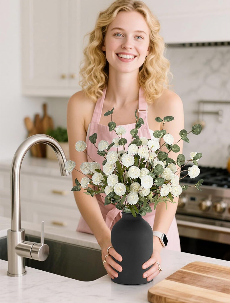 Fake Mum Flowers in Vase, White Dining Table Centerpiece Decor | With Metal Vase 12 Stems of Artificial Mums