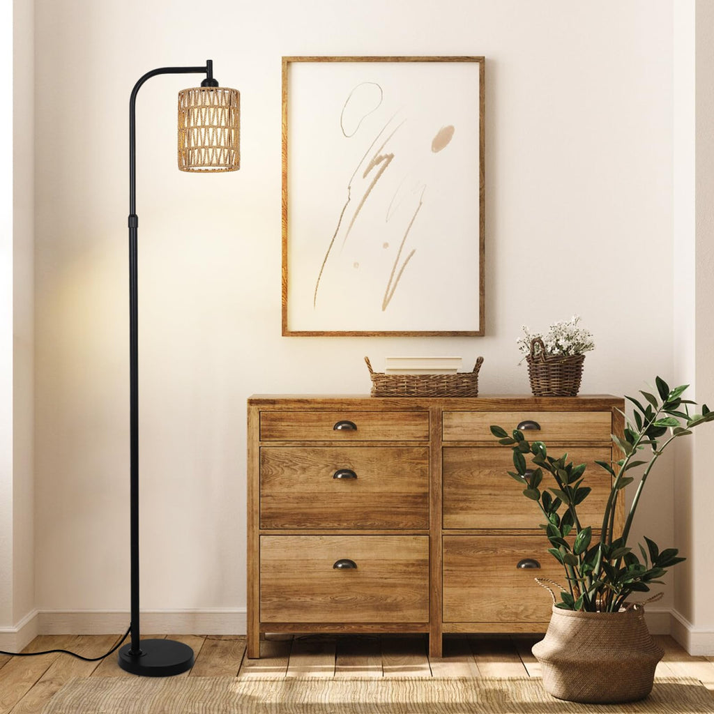 Floor Lamp with Remote, Dimmable Rattan Floor Lamp with LED Bulb, Industrial Black Tall Pole Lamp with Rattan &