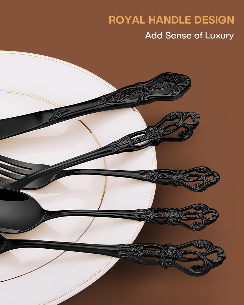 40 Pieces Black Silverware Set, Royal Retro Flatware Set for 8, Stainless Steel Cutlery Set with Luxury Forks Spoons