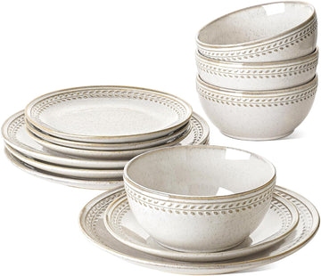 Plates and Bowls Sets for 4, 12 Piece Ceramic Dinnerware Sets, Kitchen Stoneware Dish Set, Chip Resistant