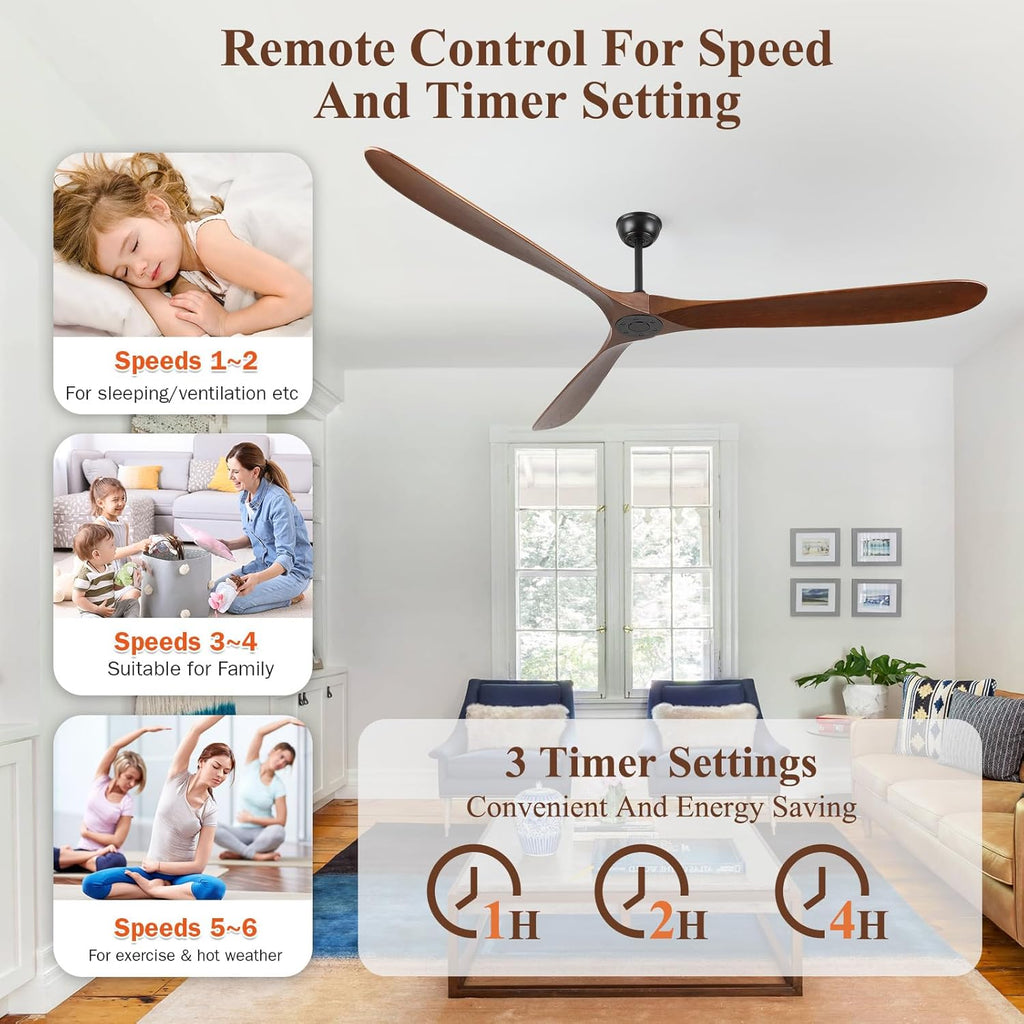 Inspired Maverick Style 88" Ceiling Fan, Extra Large No Lights, 3 Wood Walnut Blades, DC Motor, Reversible Propeller Outdoor Ceiling Fan for Patios, Exterior House Porch, Farmhouse Gazebo with Remote Control