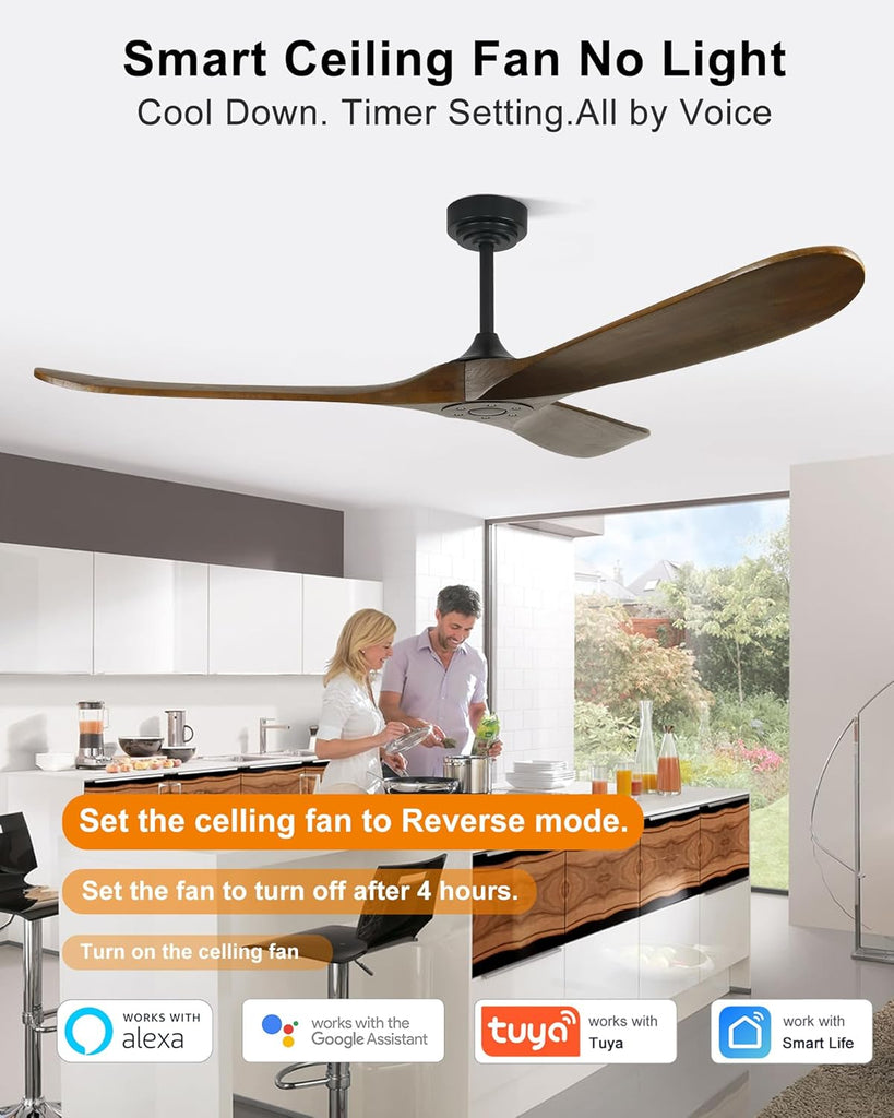 60" Wood Ceiling Fan no Light, Smart Ceiling Fans without Lights with Alexa Google App