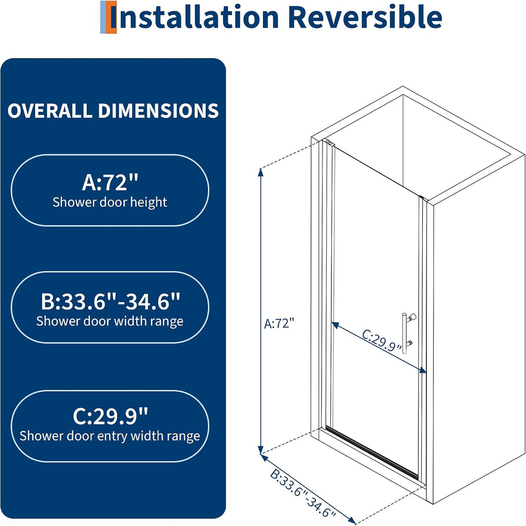 34" W x 72" H Frameless Pivot Shower Door