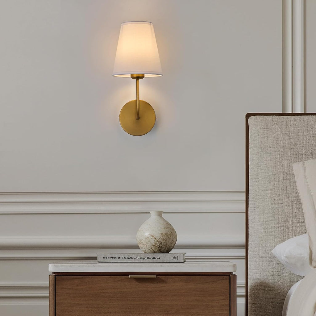 Antique Brass Hardwired Wall Sconce Set of 2 - Gold Finish with White Fabric Shades，Bedroom Lighting, Living Room