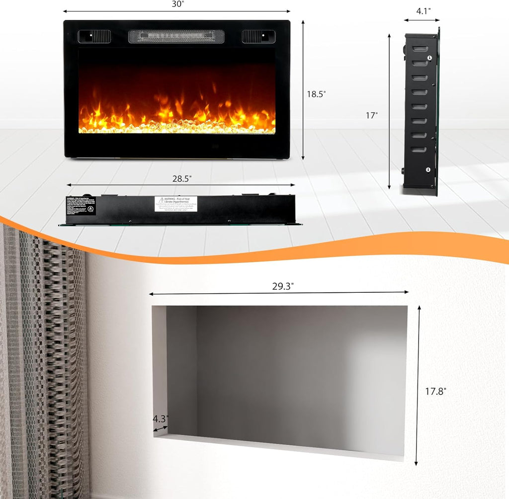 30 Inch Electric Fireplace with Remote Control, 1500W Wall Mounted & Recessed Fireplace with 12H Timer