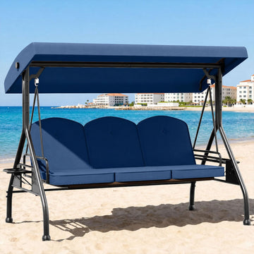 Patio Swing with Adjustable Canopy 3-Seat Outdoor Porch Swing with Stand for Adults 2-in-1 Convertible Swing Bed