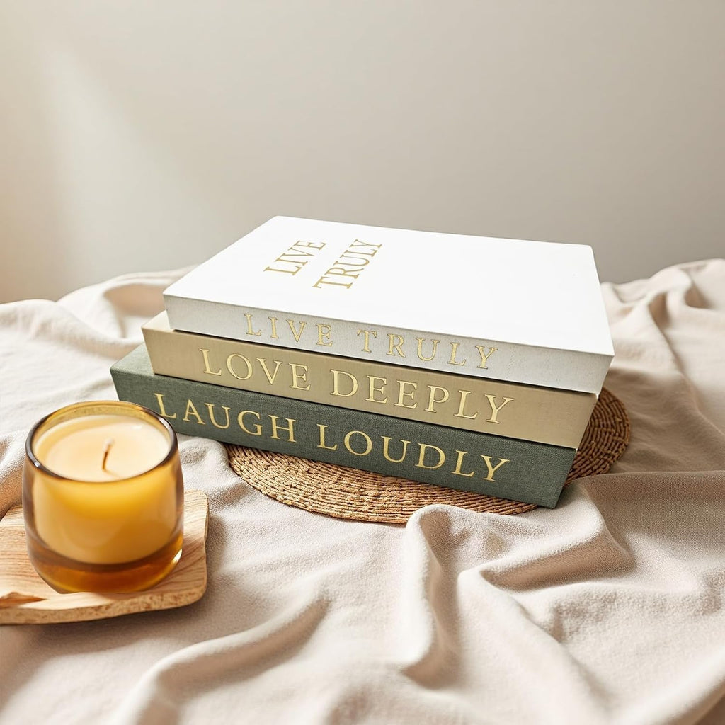 Aesthetic Decorative Books, Set of 3 Linen Faux Books for Decoration | Fake Book Boxes with Storage Space, No