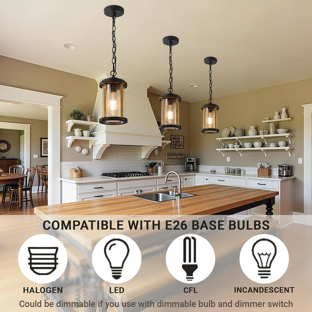 Outdoor Pendant Light for Porch, Black Farmhouse Wood Grain Finish Outdoor Chandelier with Clear Seeded Glass