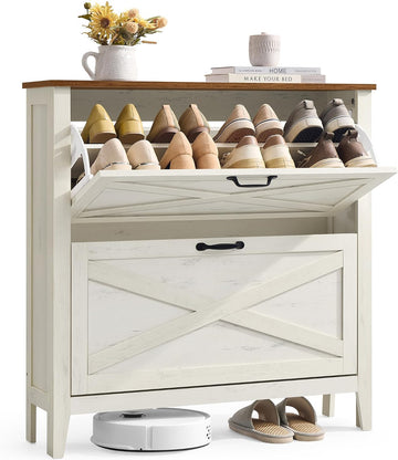 Shoe Storage Cabinet Organizer with 2 Flip Drawers, Freestanding Narrow Shoe Rack Cabinet , Farmhouse