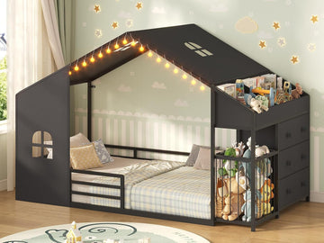 Montessori Twin Size Floor Bed, House Shape Bed, Tent, Children's Night Light, Toy Storage Cabinets, Drawer, Picture