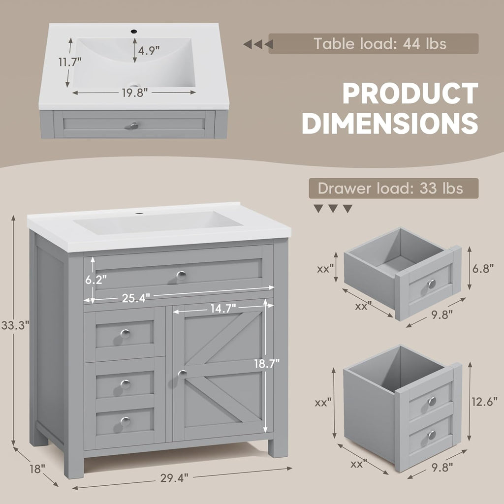 Bathroom Vanity with 30" Sink, Modern Wood Pedestal Bathroom Spacious Storage Space Cabinet with Drawer, Gray